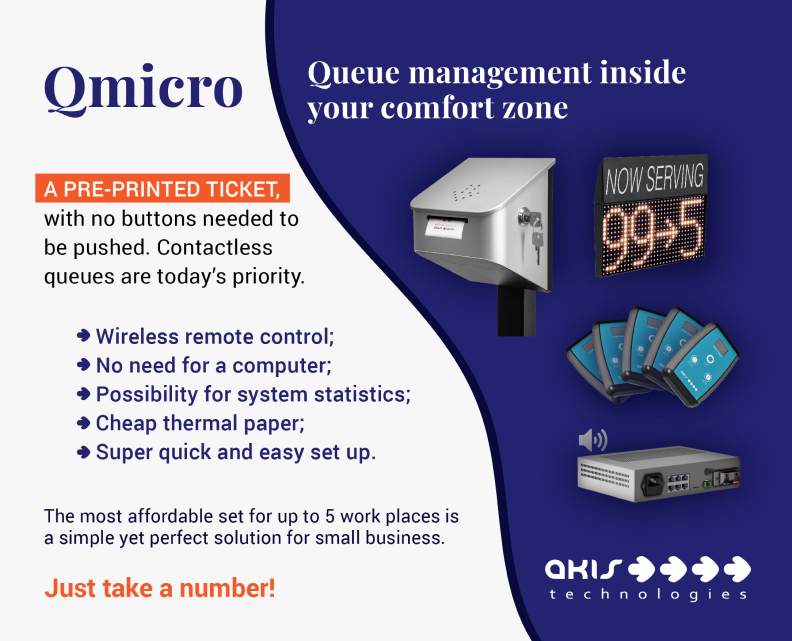 queue management system qmicro from akis technologies is also digital queue system for customer flow management for customer experience and voice menu that has face recognition and internet reservation or online reservations Image
